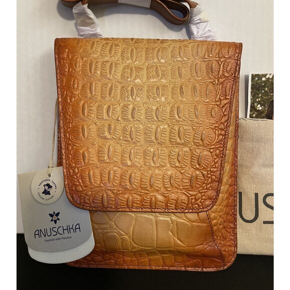 ANUSCHKA Croc Embossed Camel Genuine Leather Flap Crossbody Shoulder Bag Purse - Picture 2 of 10